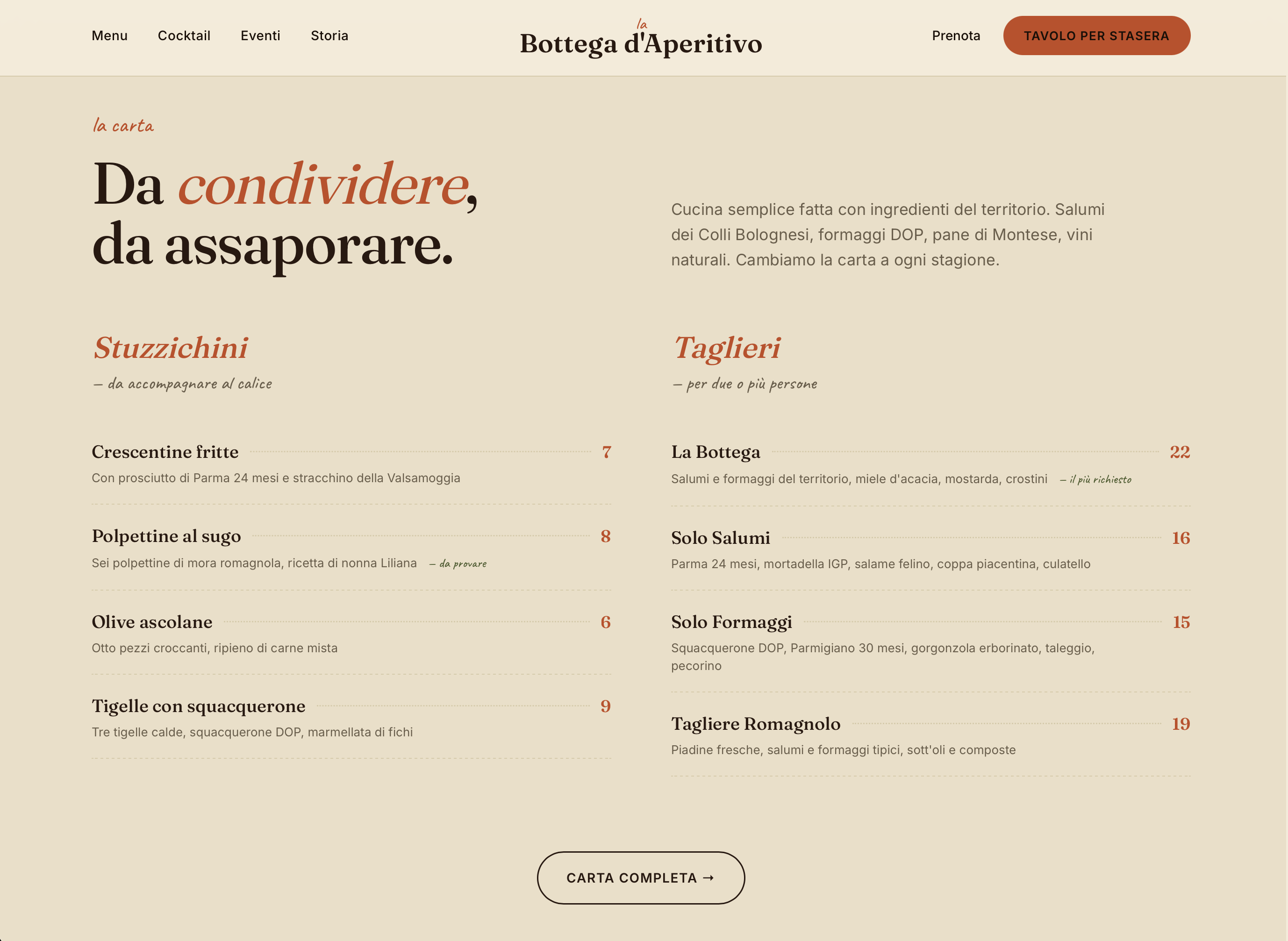 Bottega d'Aperitivo — pagina menu con stuzzichini e taglieri