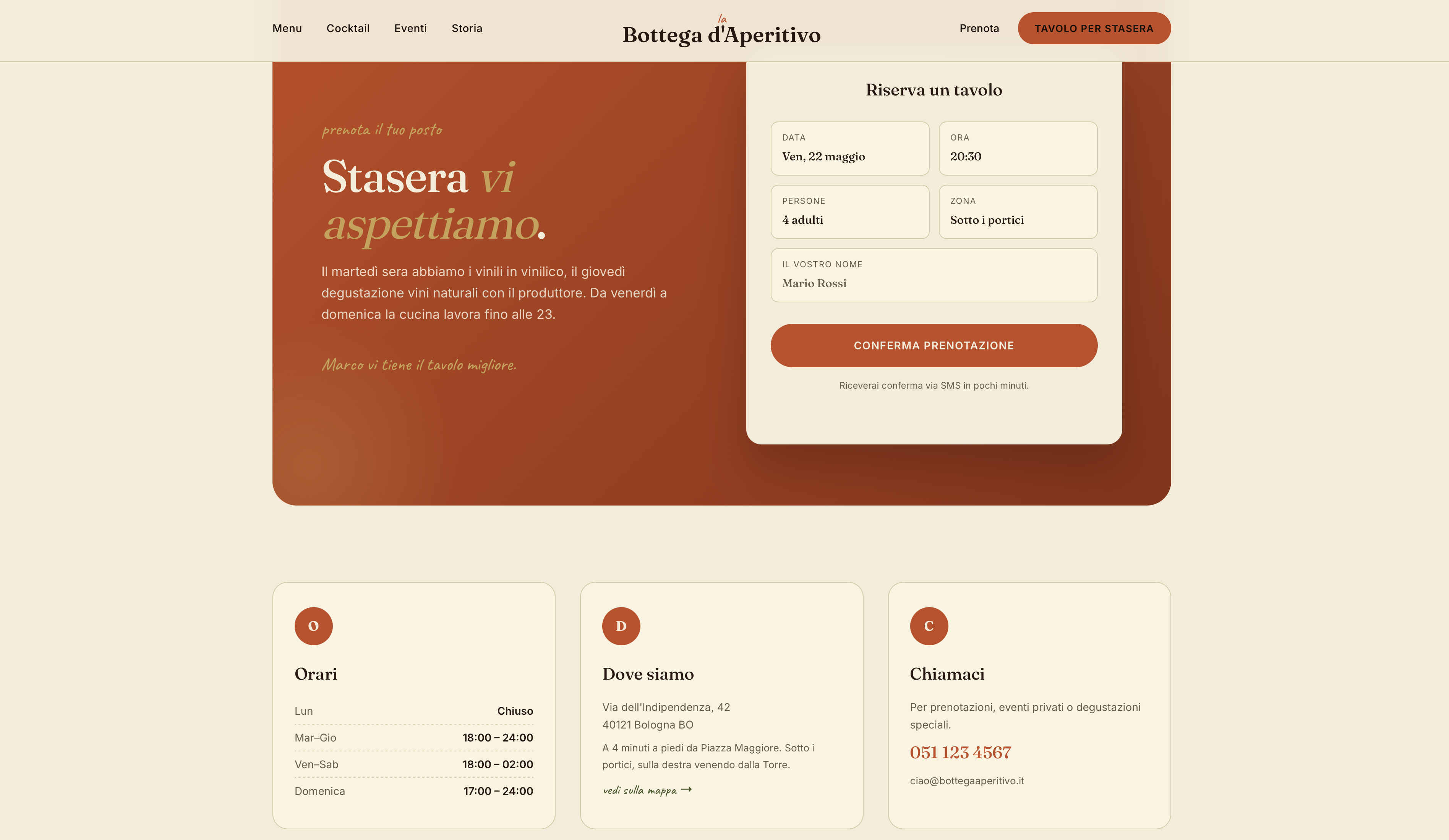 Bottega d'Aperitivo — pagina prenotazione e contatti