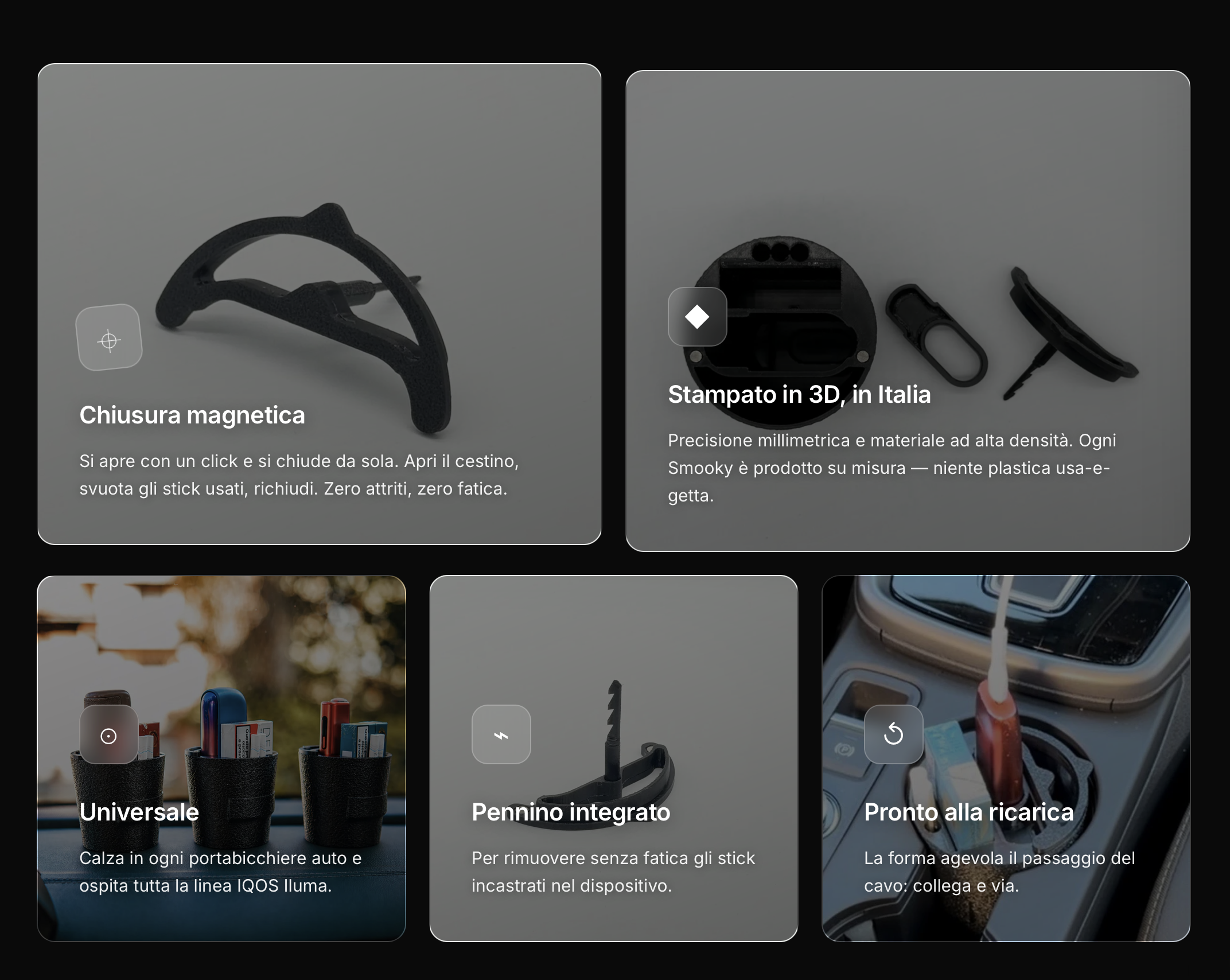 Smooky — sezione features dark con chiusura magnetica, stampato 3D, universale