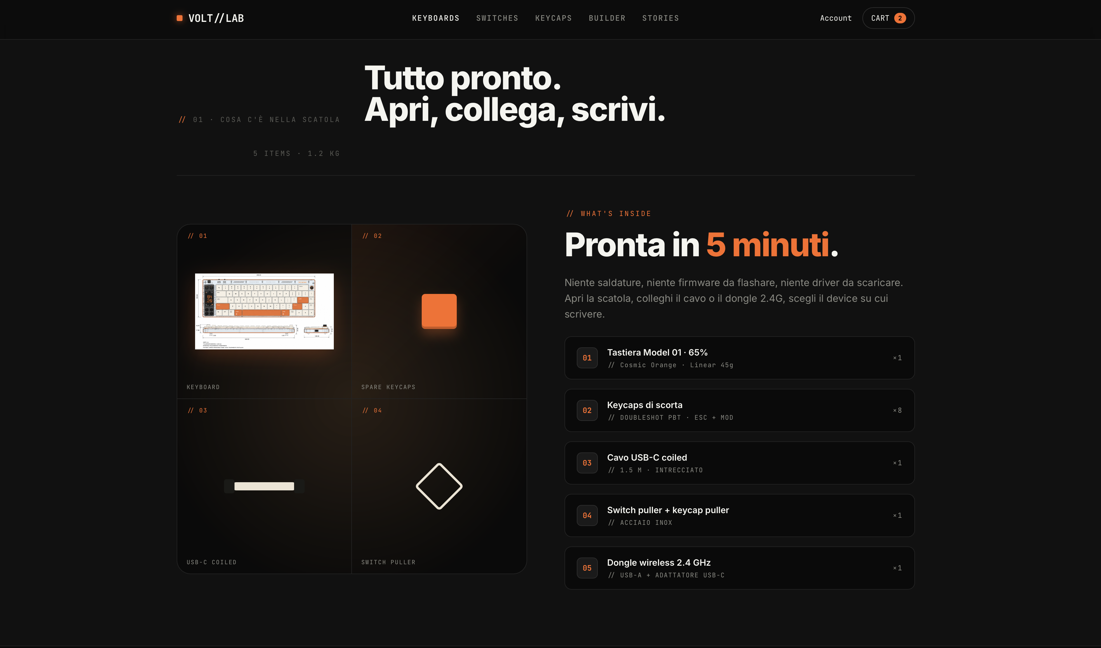 Volt//Lab — pagina What's inside: cosa c'è nella scatola, pronta in 5 minuti