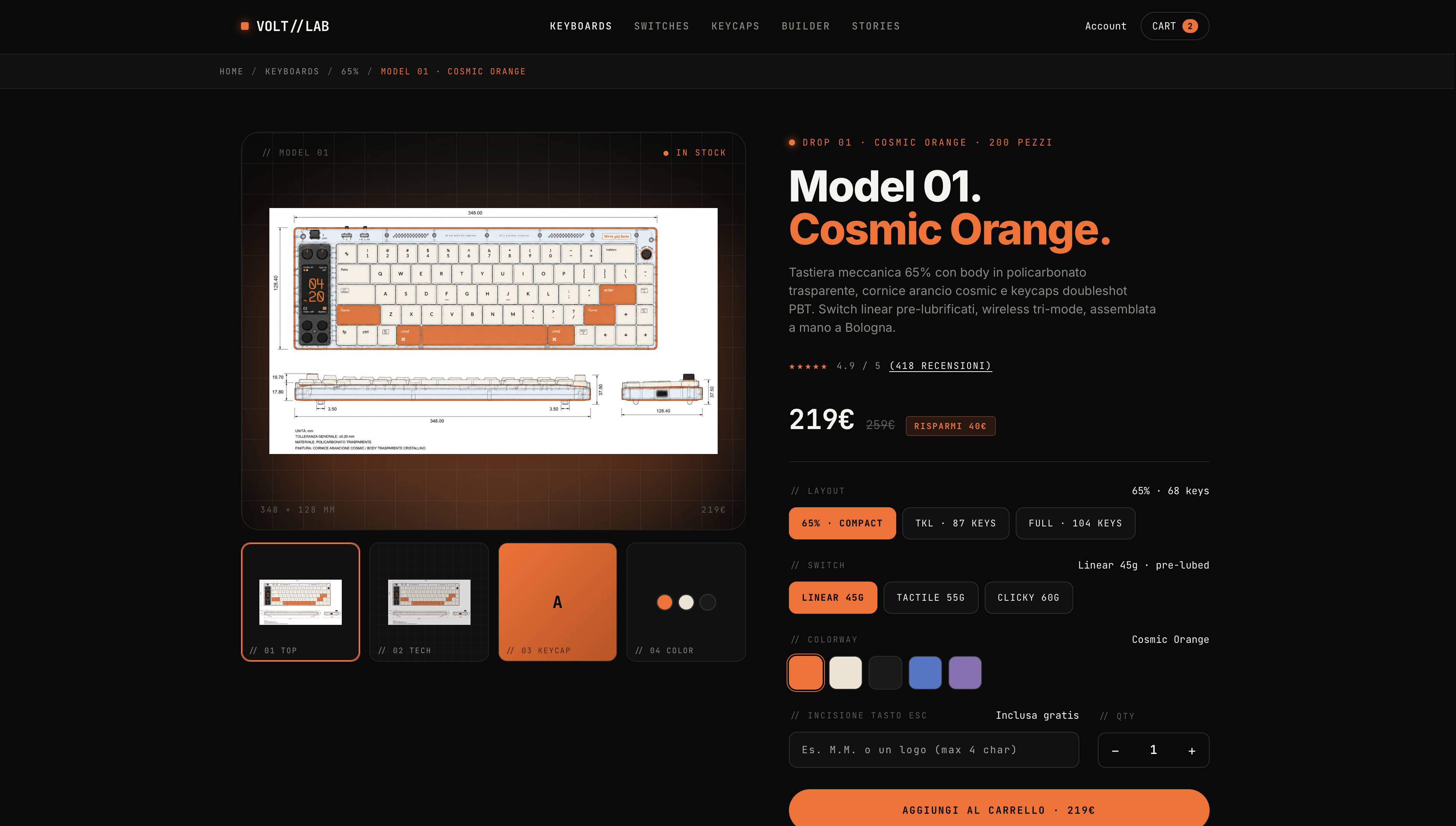 Volt//Lab — pagina prodotto Model 01 Cosmic Orange con builder configurazione